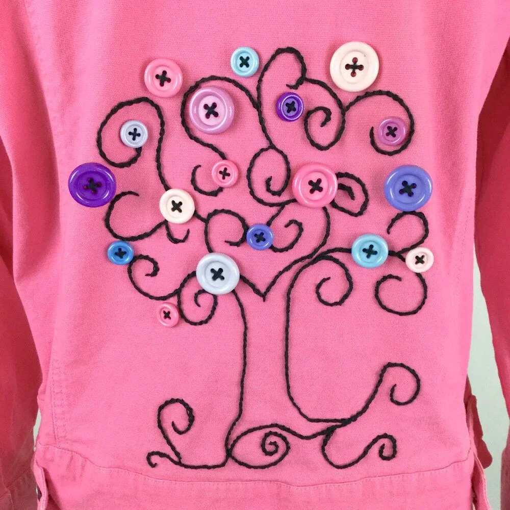 VTG Upcycled Pink Denim Jacket Hand Embroidered Western Fairycore 12 14 Y2K OOAK